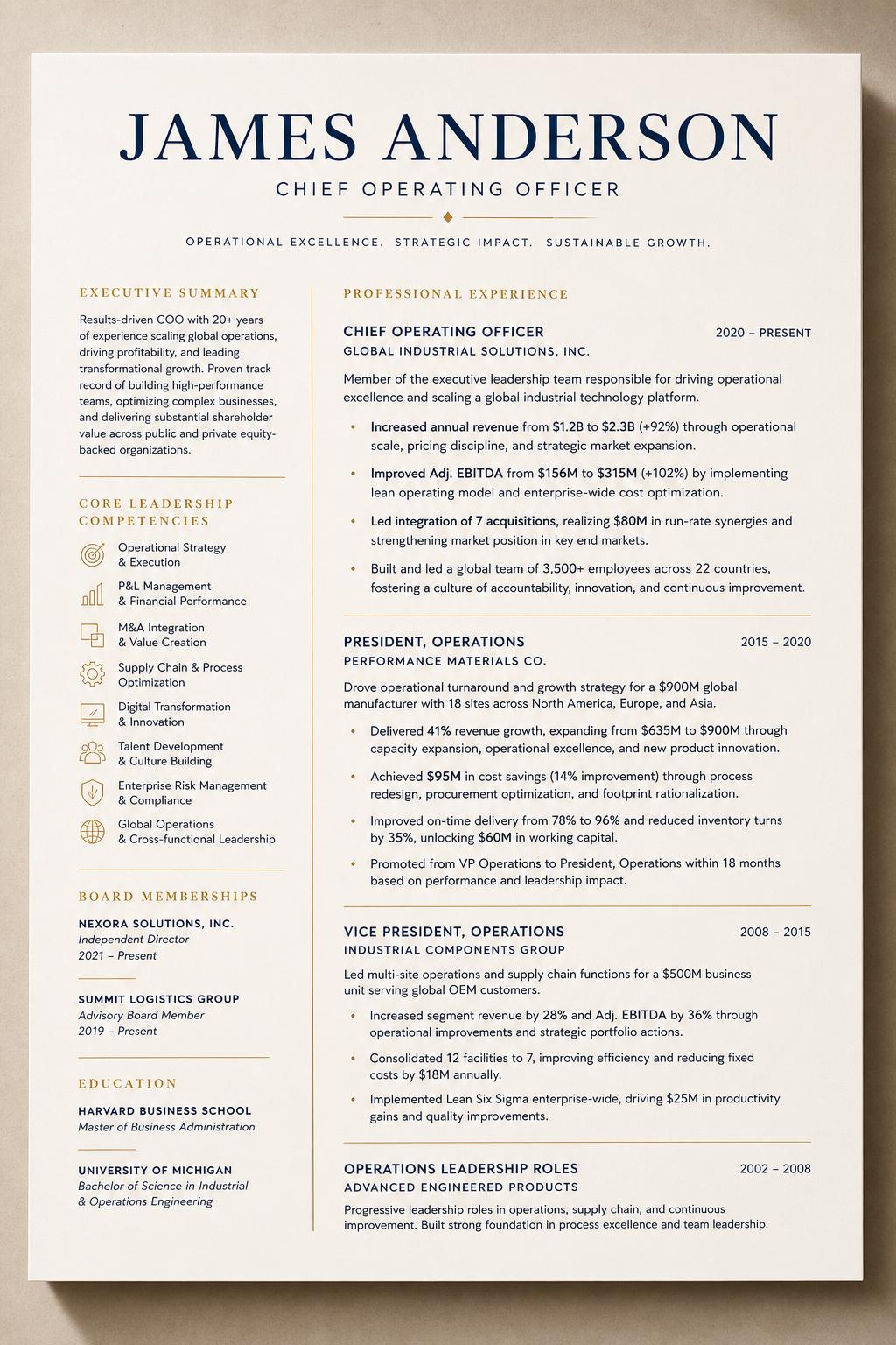 Executive resume — COO